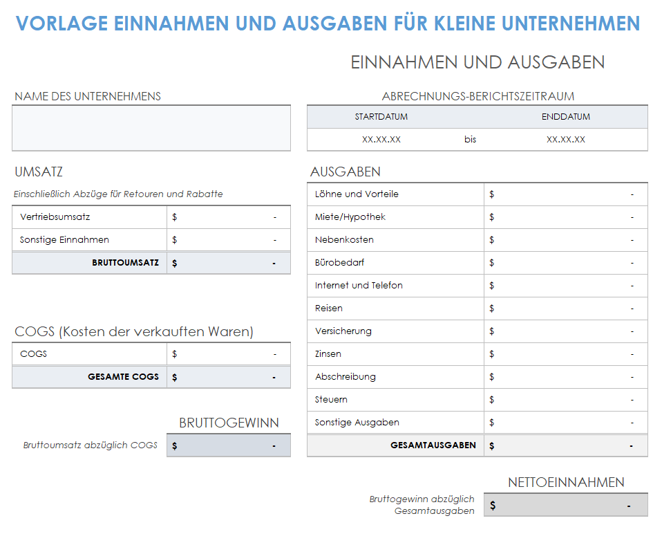  Vorlage für Einnahmen und Ausgaben von Kleinunternehmen