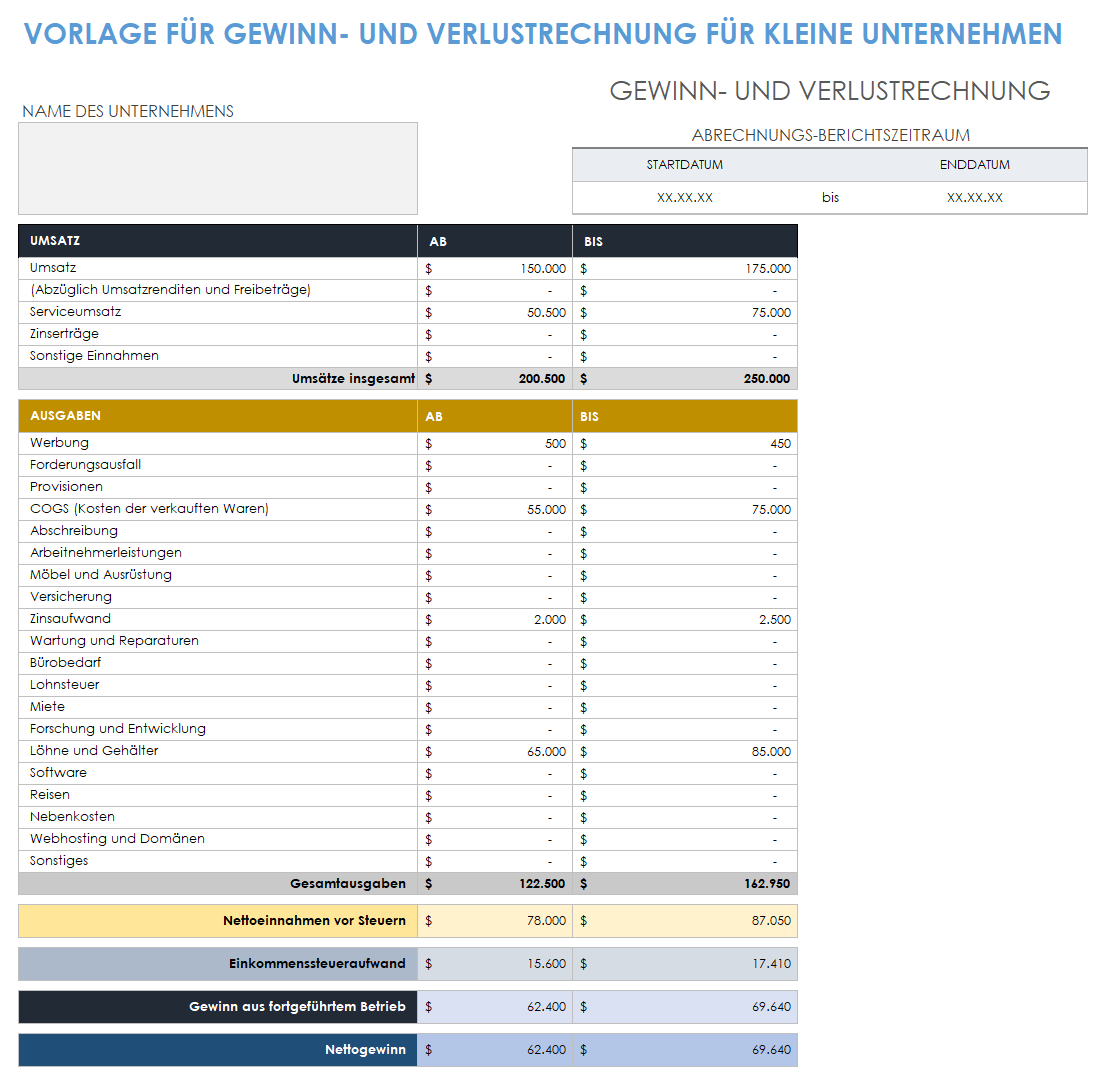  Vorlage für die Gewinn- und Verlustrechnung von Kleinunternehmen