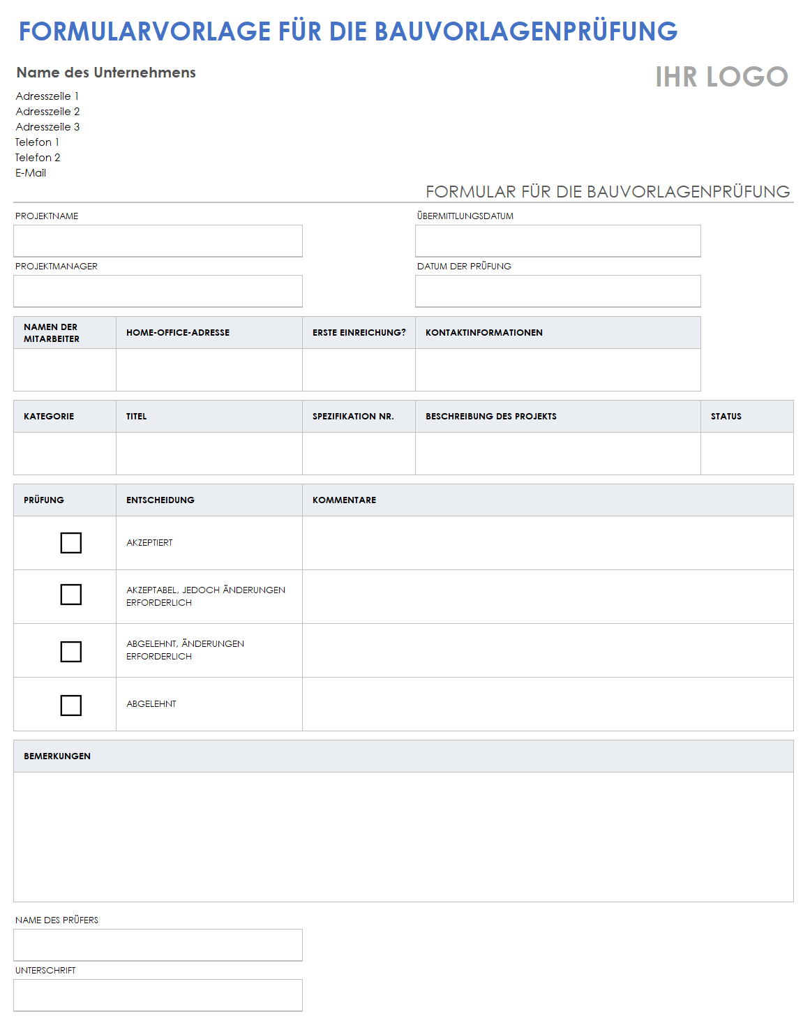 Vorlage für ein Einreichungs-Überprüfungsformular