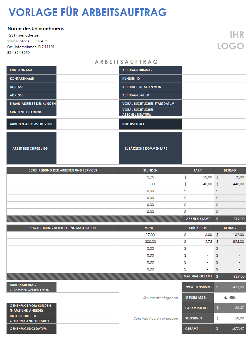 Arbeitsauftragsvorlage