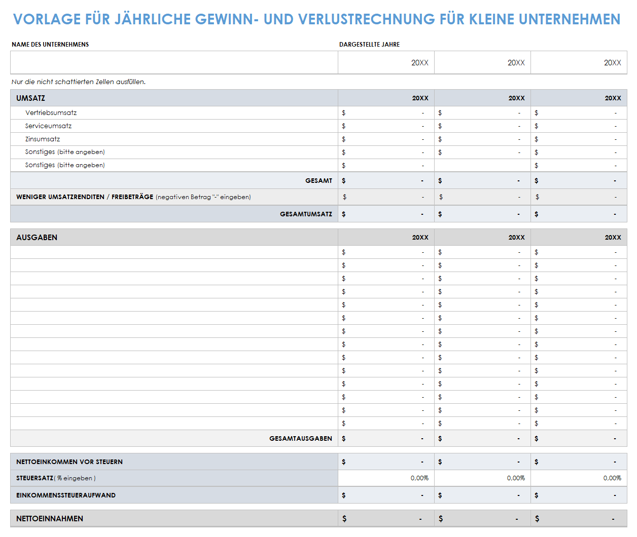  Vorlage für die jährliche Gewinn- und Verlustrechnung von Kleinunternehmen