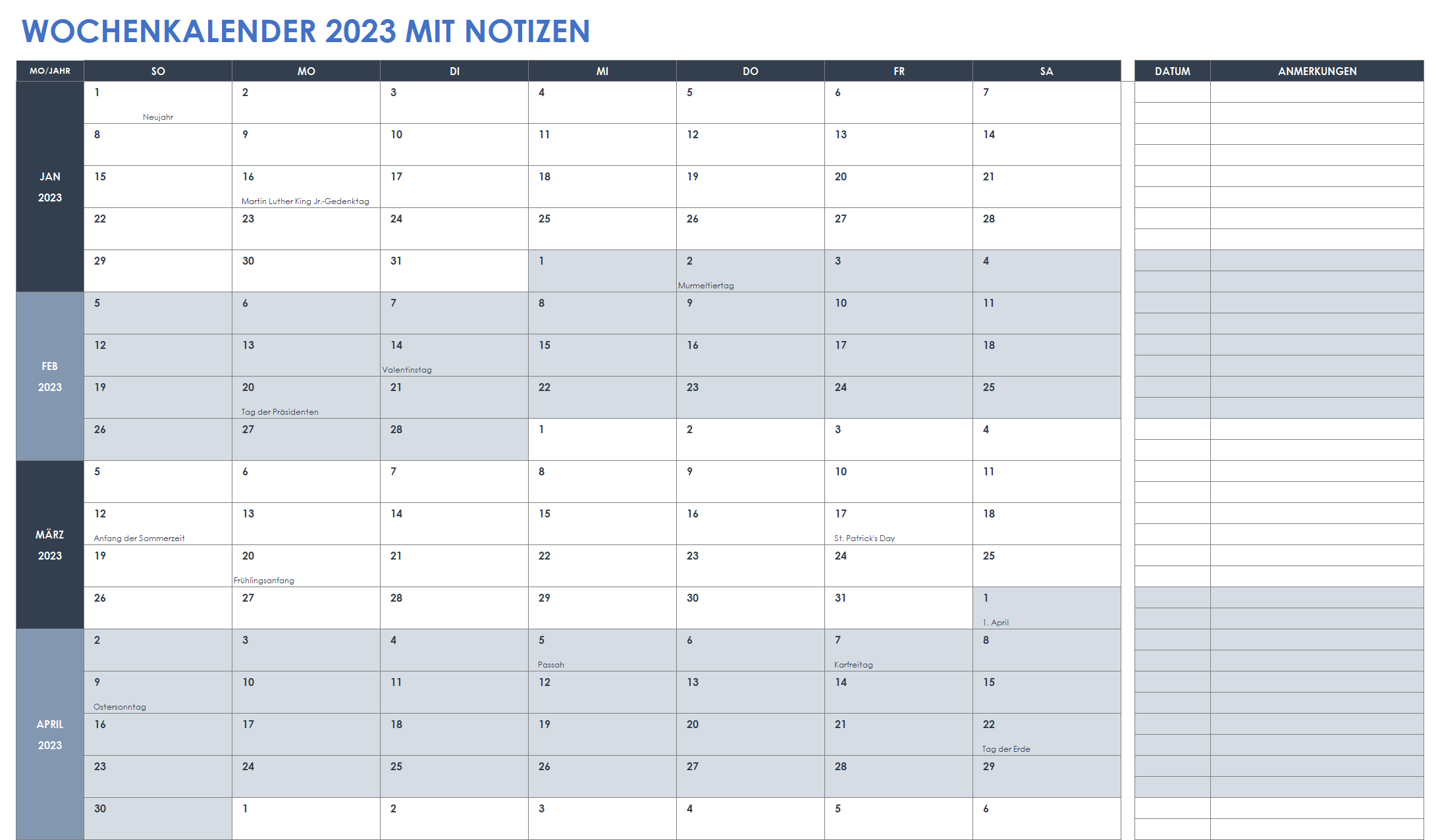  Vorlage für einen Wochenkalender 2023 mit Notizen