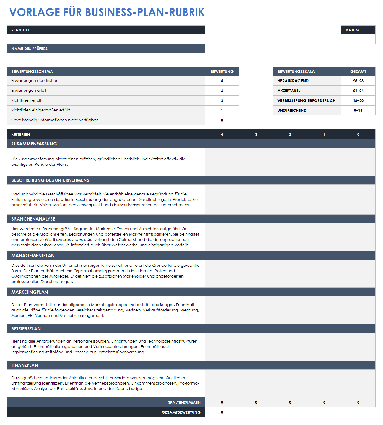  Vorlage für eine Businessplan-Rubrik