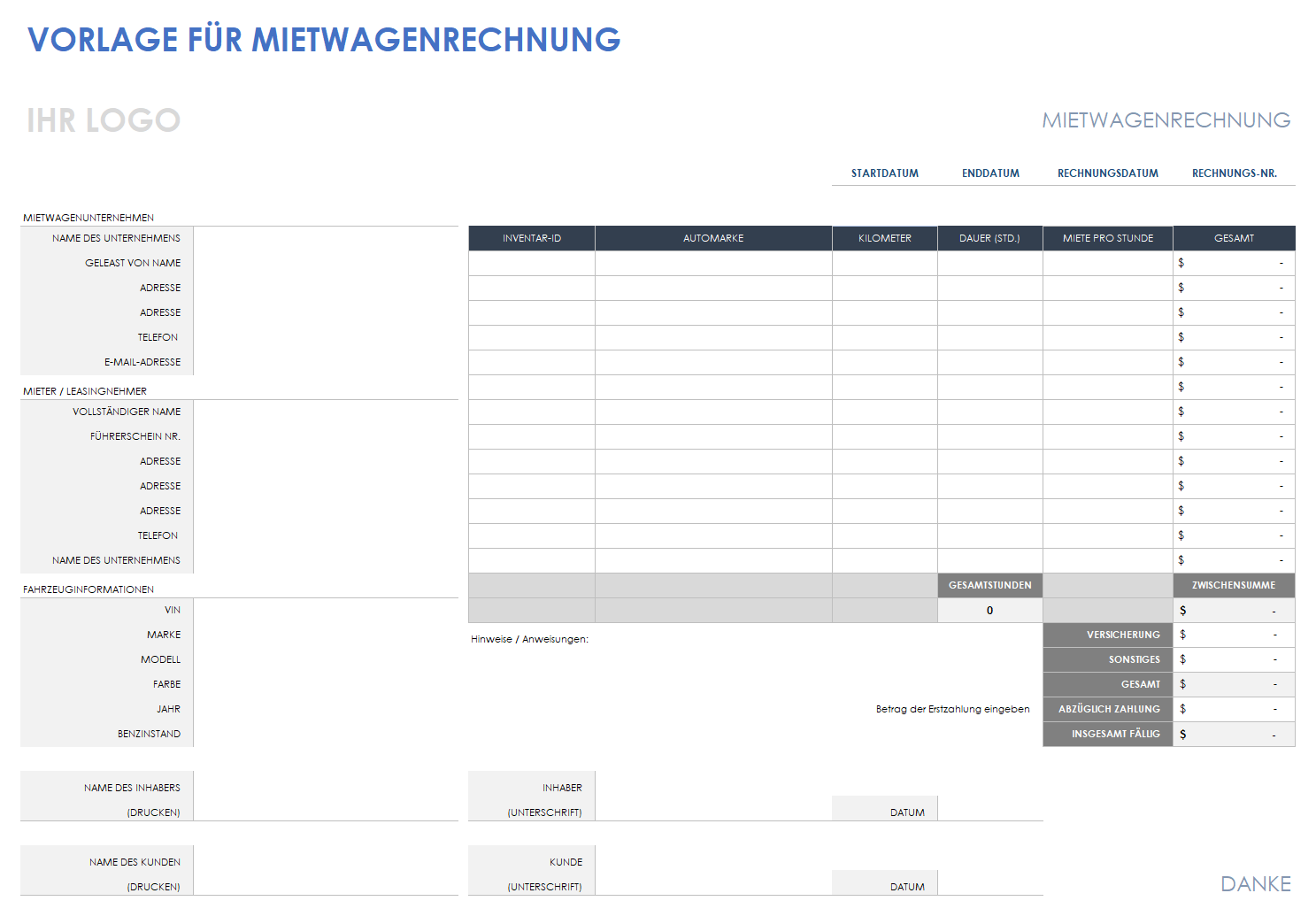 Vorlage für eine Mietwagenrechnung