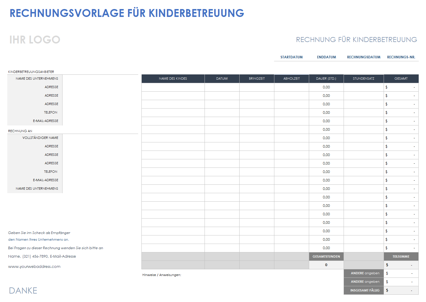  Vorlage für eine Kinderbetreuungsrechnung