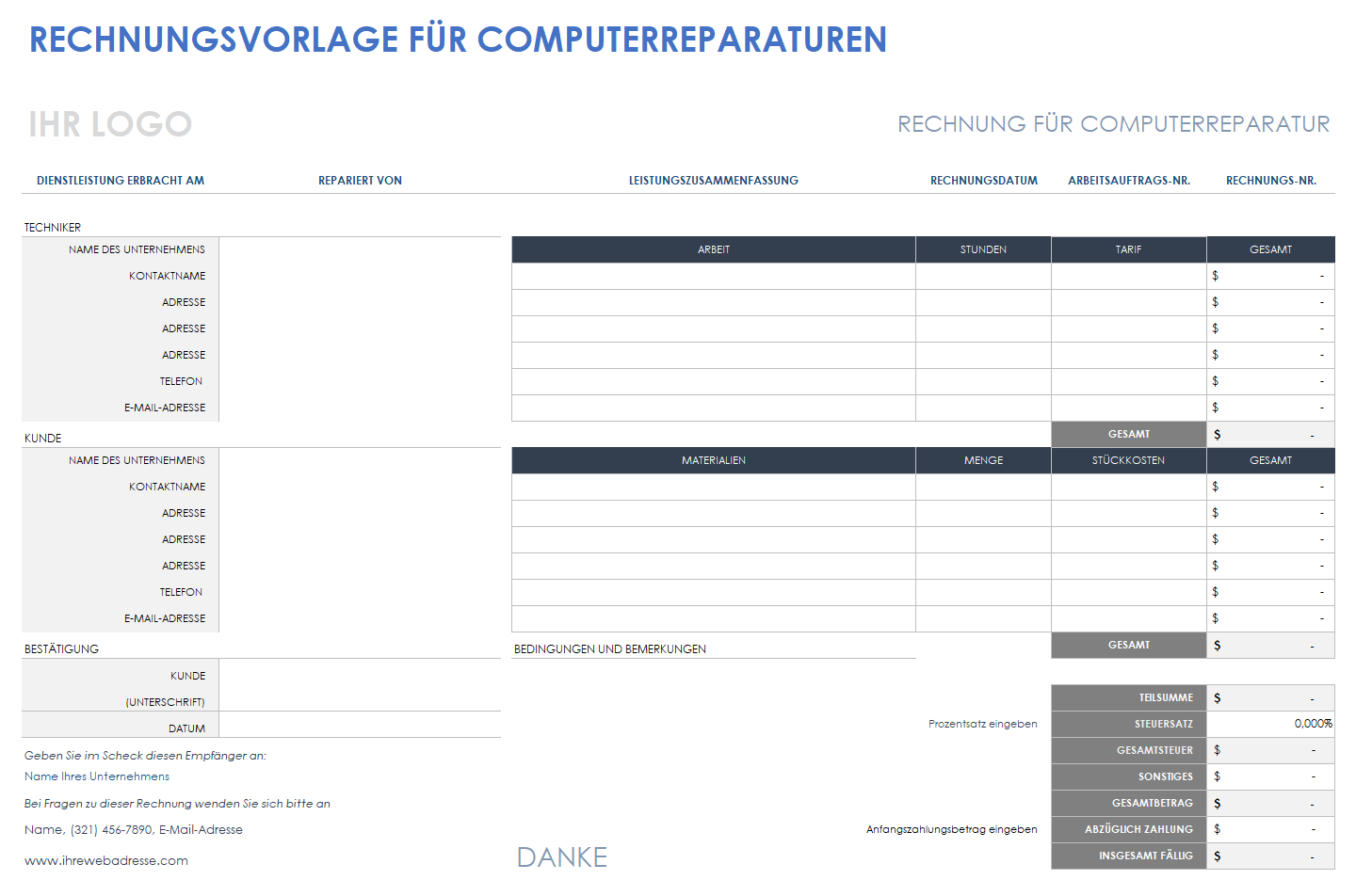  Rechnungsvorlage für Computerreparaturen