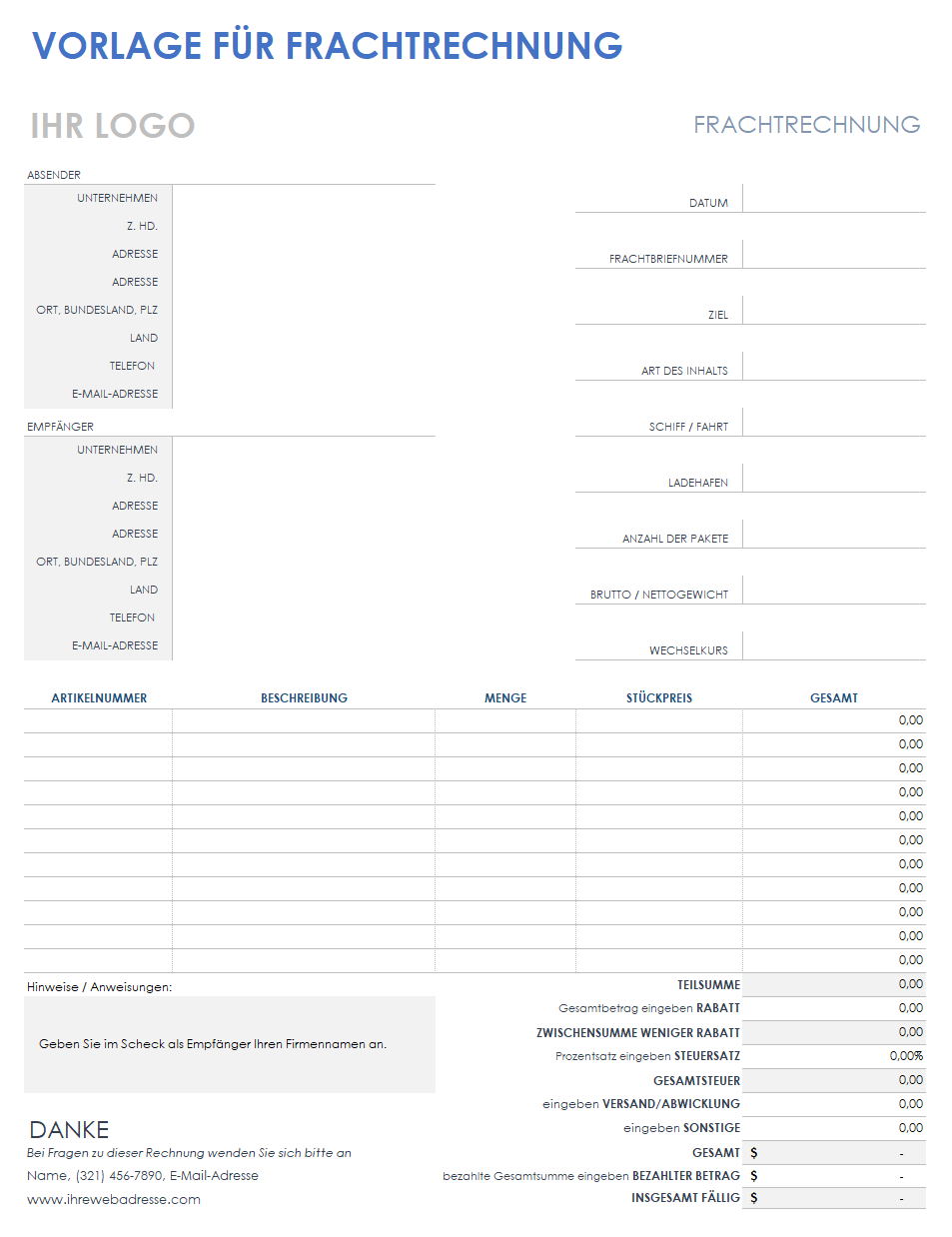 Frachtrechnungsvorlage