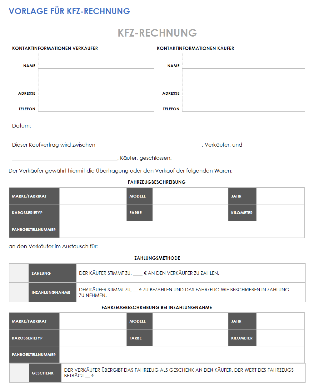  Vorlage für einen Kaufvertrag für Kraftfahrzeuge