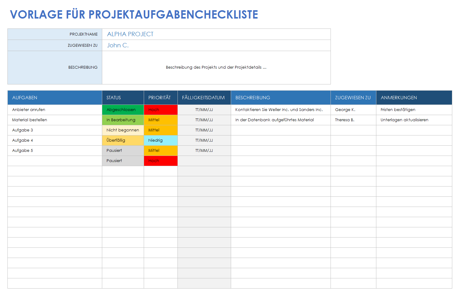  Vorlage für eine Projekt-Aufgaben-Checkliste