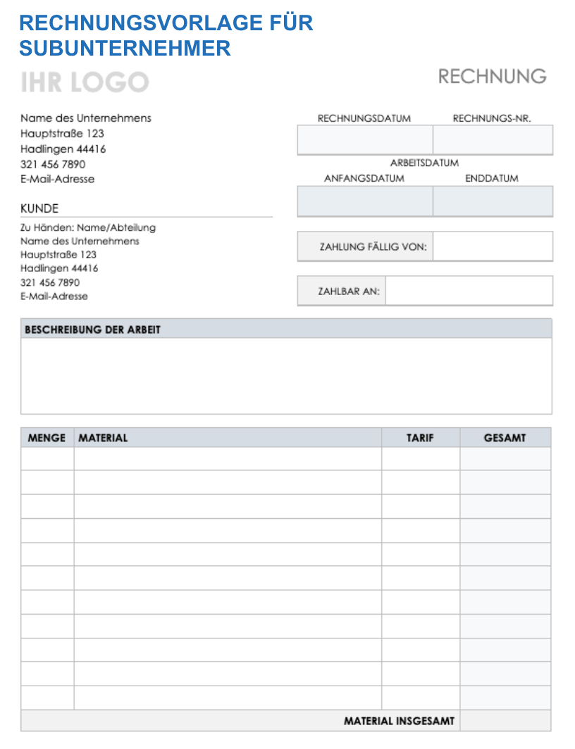  Subunternehmer-Rechnungsvorlage
