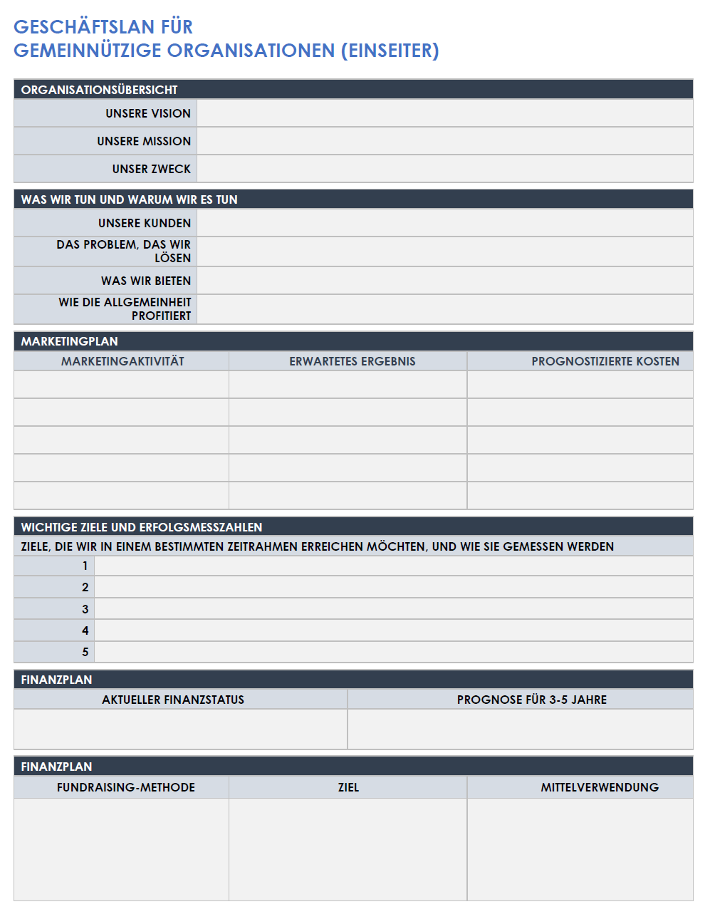  Vorlage für einen einseitigen Businessplan für gemeinnützige Organisationen