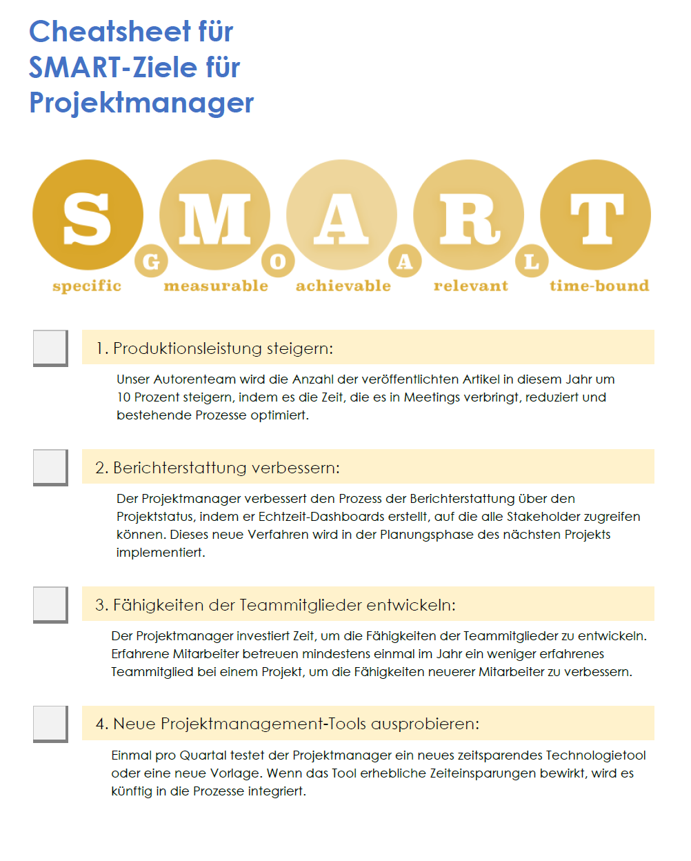 Spickzettel für SMART-Ziele für Projektmanager