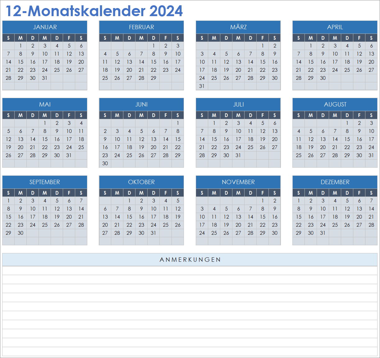  2024 12-Monats-Kalendervorlage