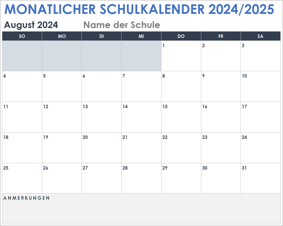  Vorlage für einen monatlichen Schulkalender 2024–2025