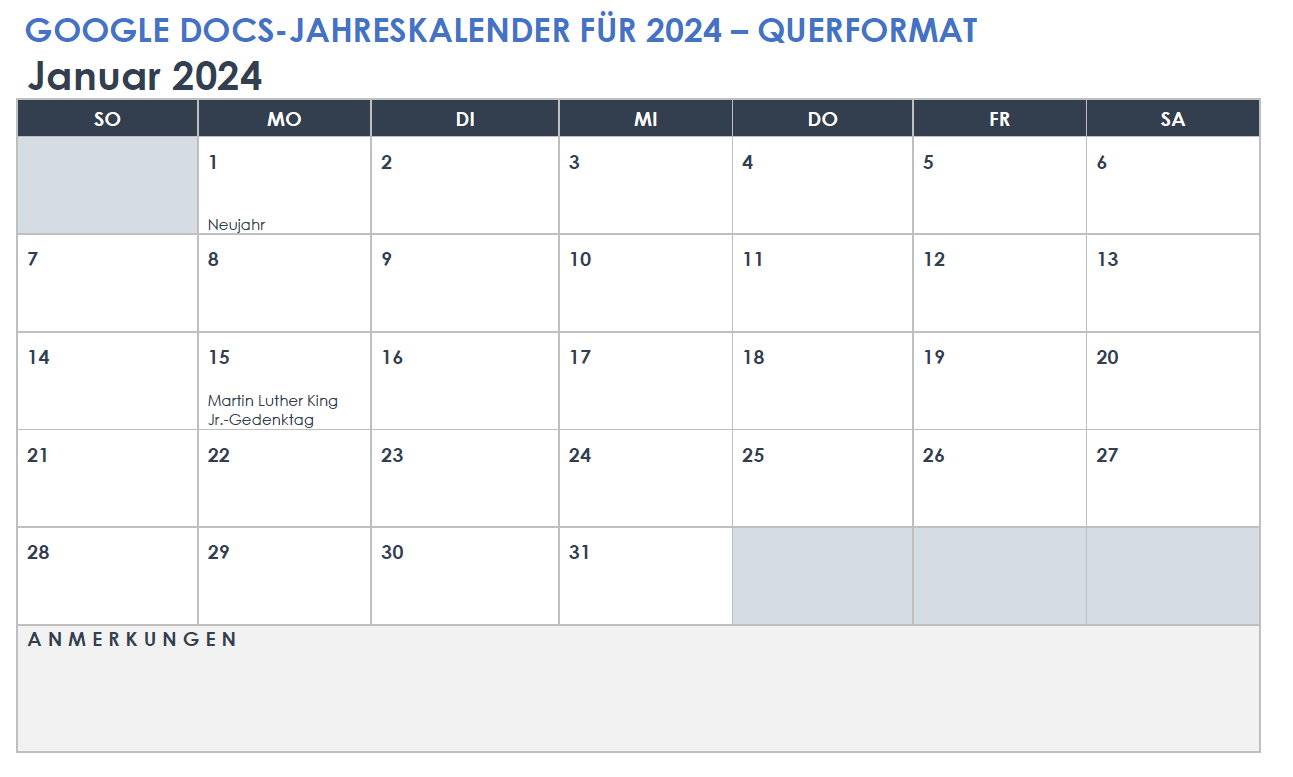  2024 Google Doc-Jahreskalender-Landschaftsvorlage