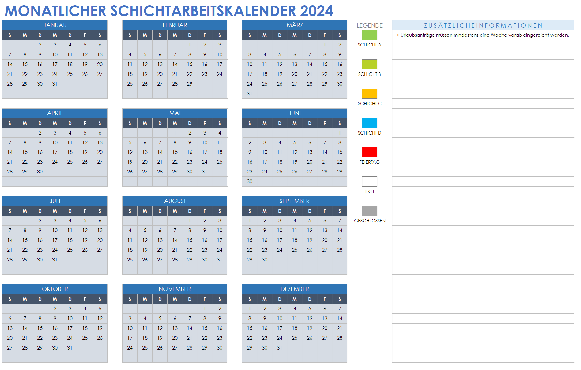  Vorlage für einen monatlichen Schichtarbeitskalender 2024