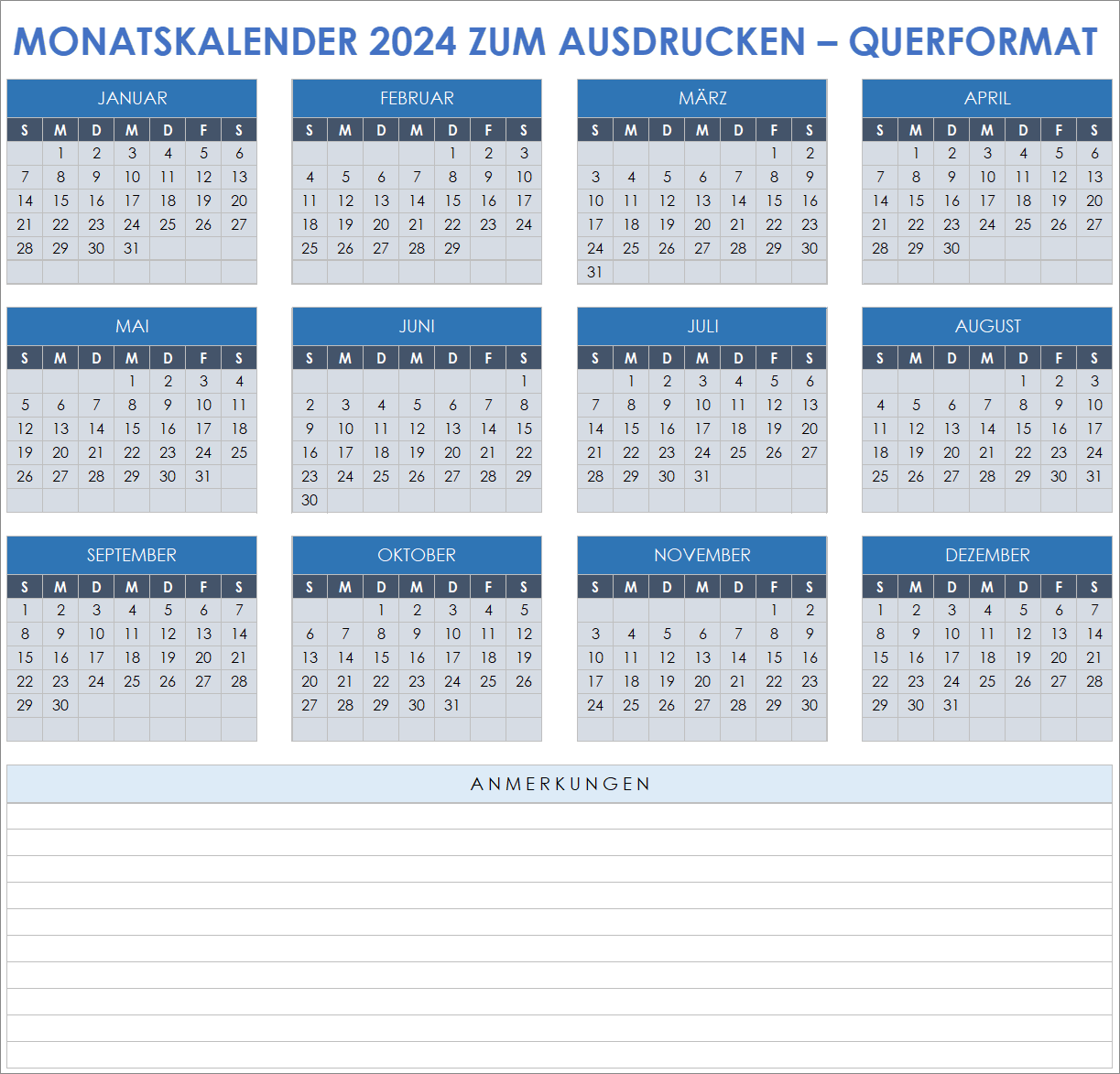  Vorlage für einen druckbaren Monatskalender im Querformat für 2024