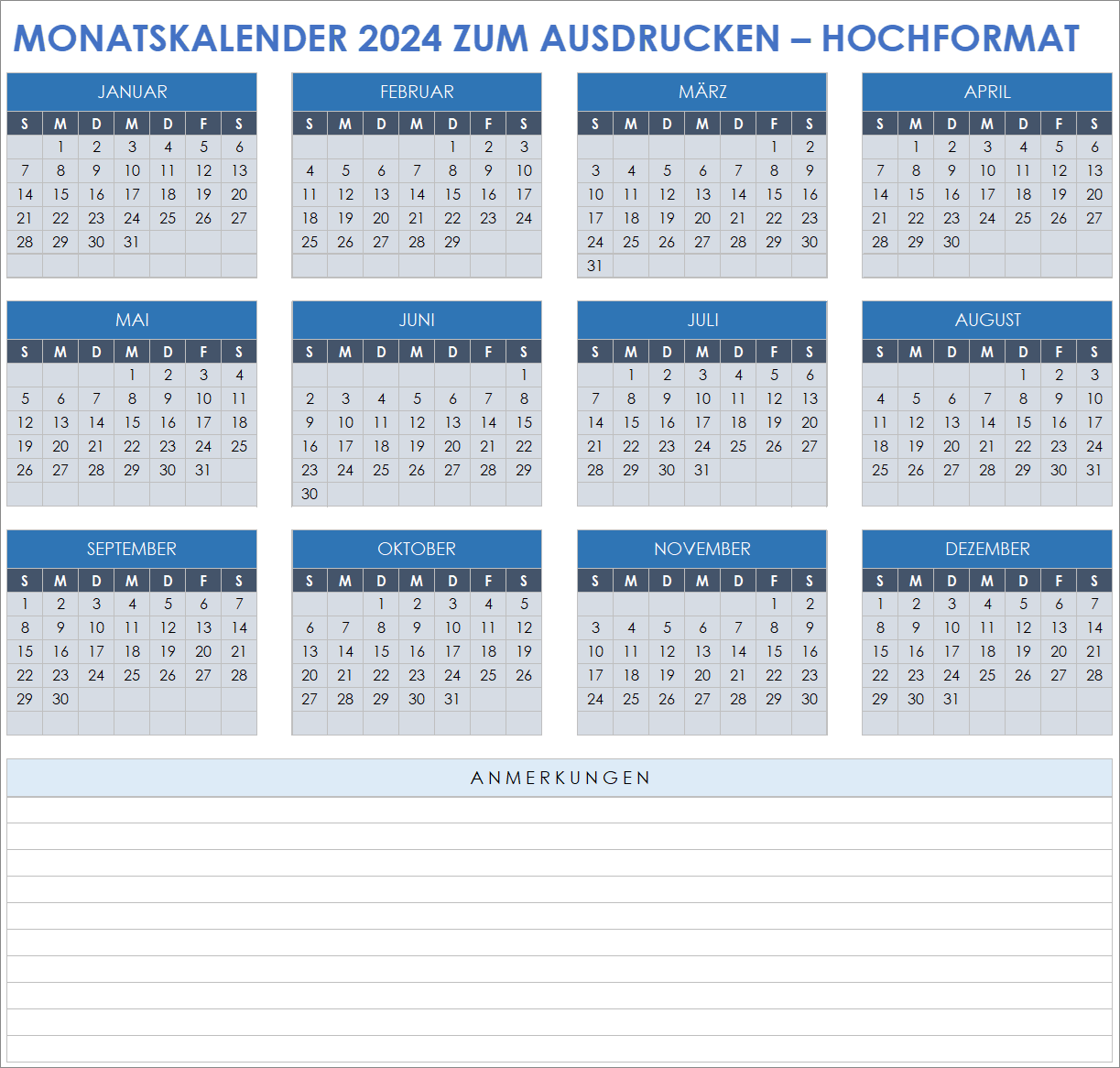  Vorlage für einen druckbaren Monatskalender 2024