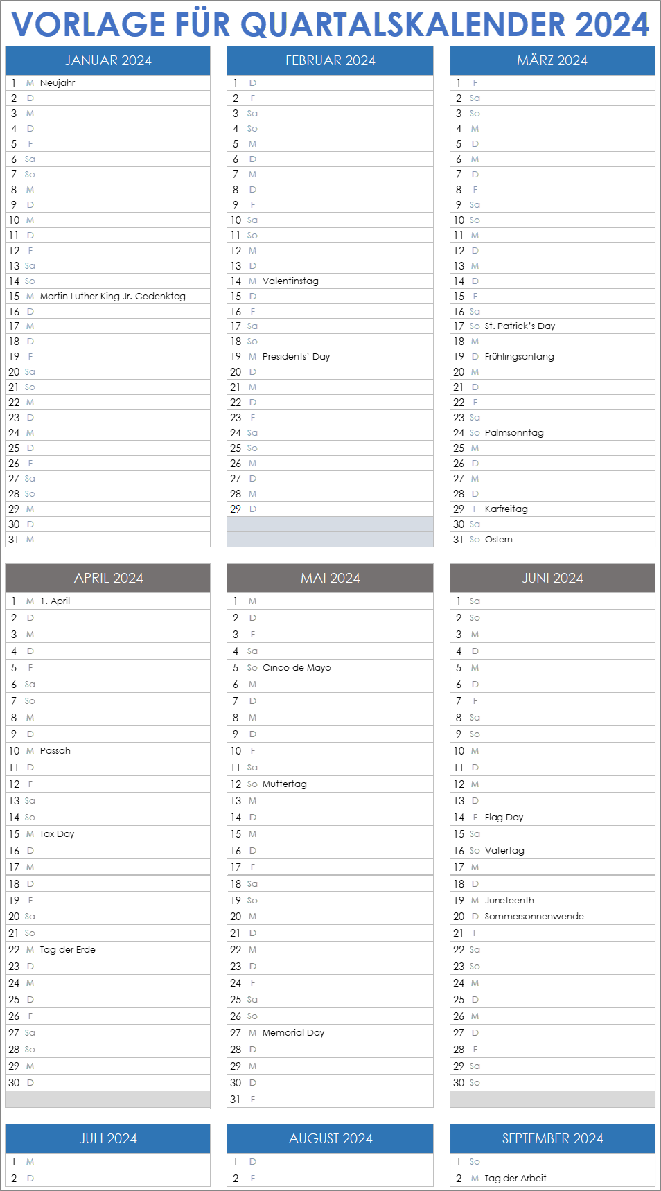  Vorlage für den vierteljährlichen Kalender 2024