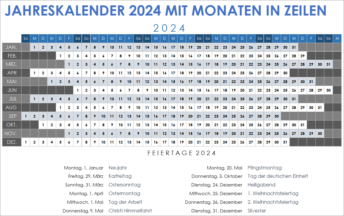  Vorlage für den Jahreskalender 2024 mit Monaten in Zeilen