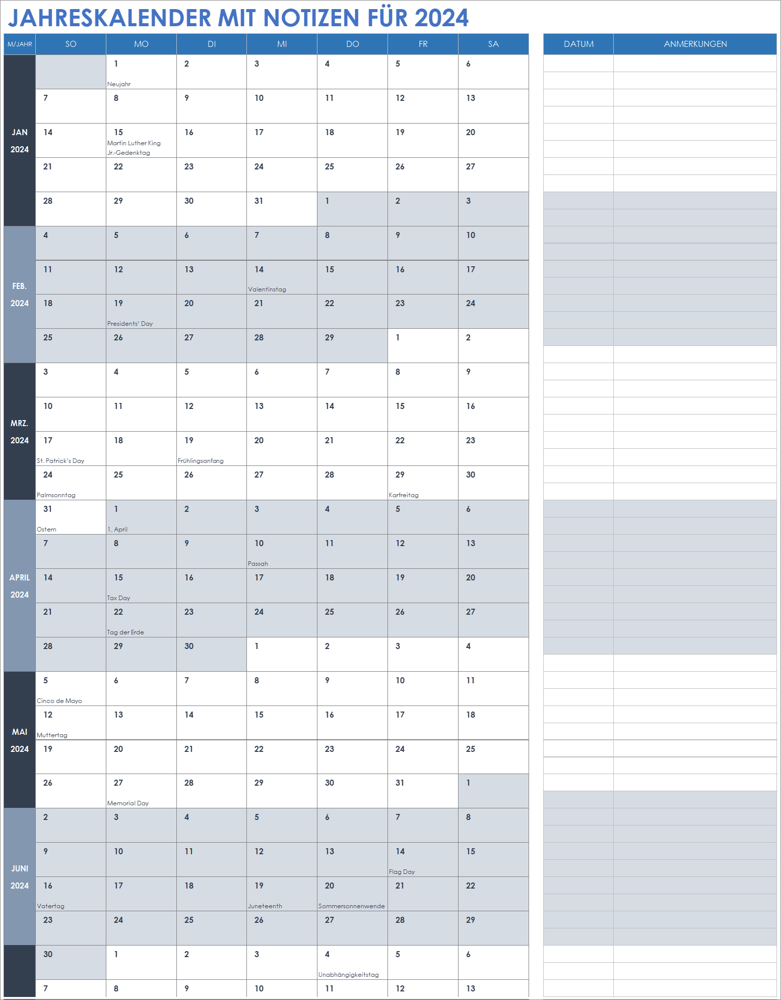  Vorlage für einen Jahreskalender 2024 mit Notizen