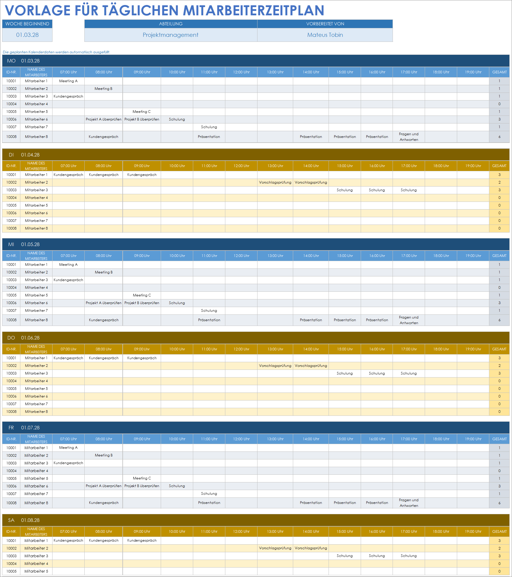  Vorlage für den täglichen Mitarbeiterplan in Google Sheets