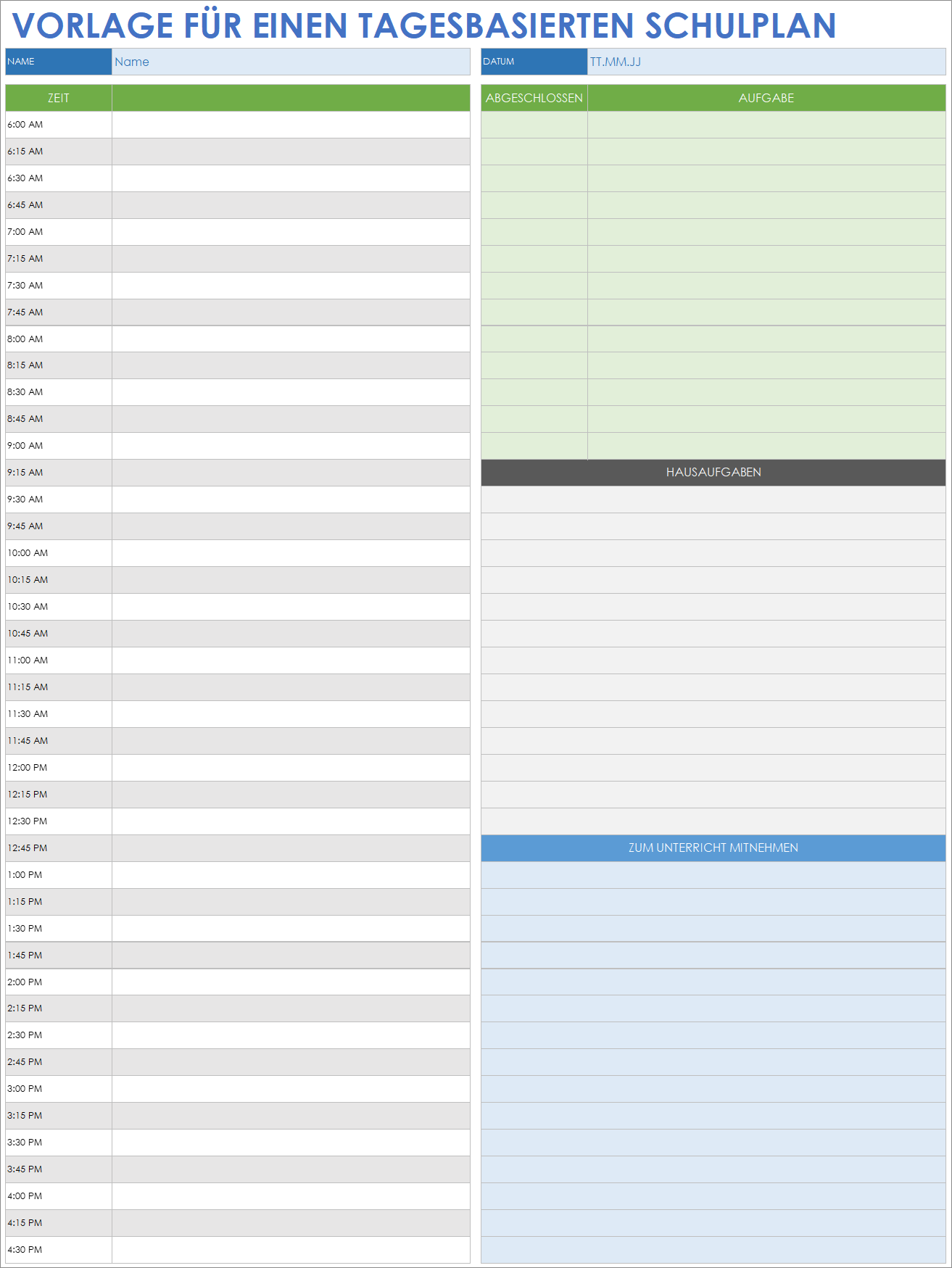  Vorlage für den täglichen Schulplan in Google Sheets