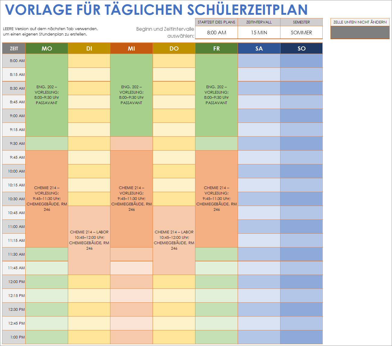  Vorlage für den täglichen Stundenplan