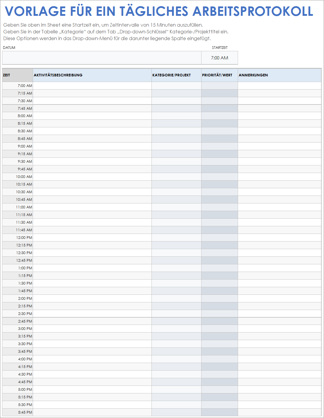  Vorlage für das tägliche Arbeitsprotokoll in Google Sheets