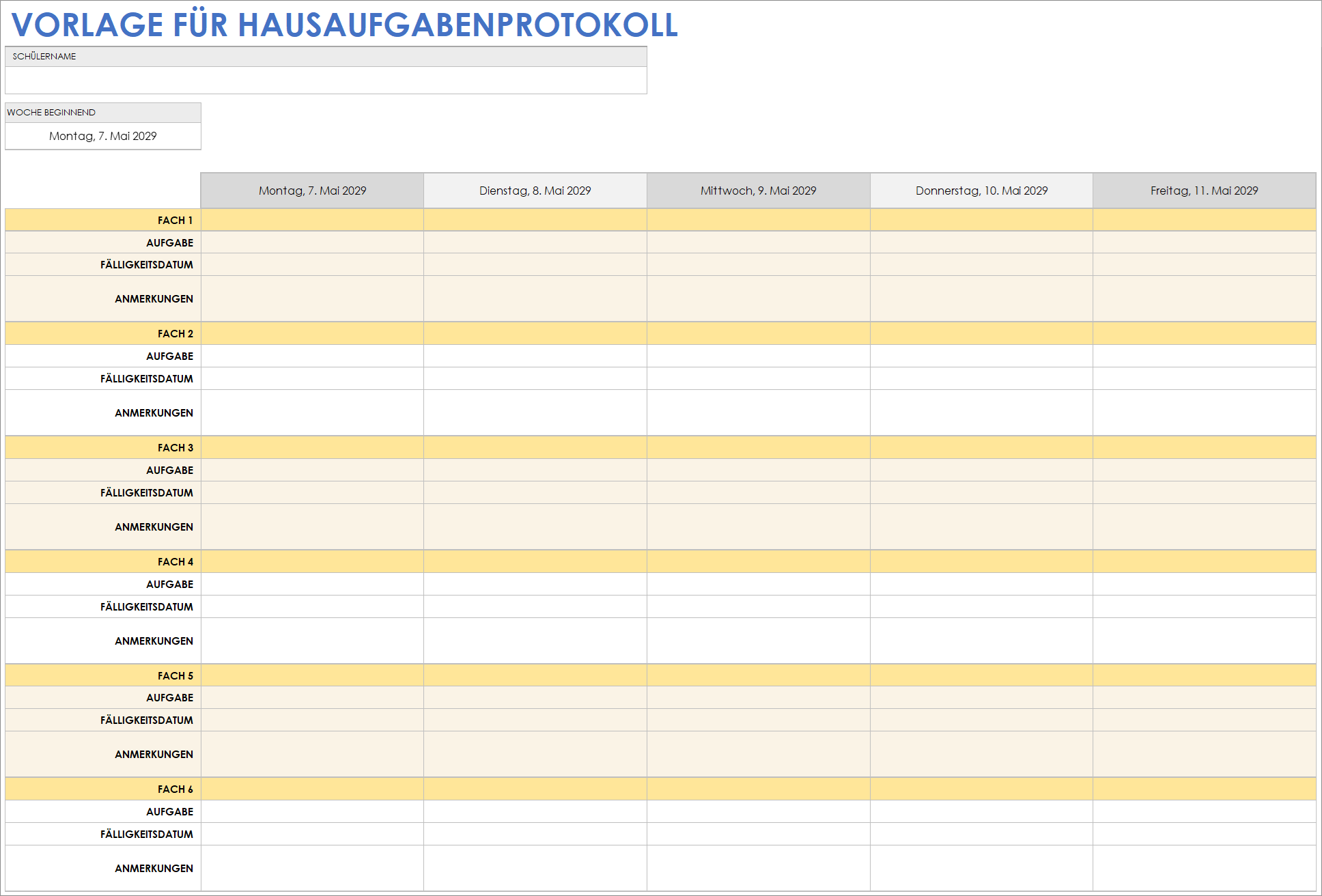  Vorlage für ein Hausaufgabenprotokoll