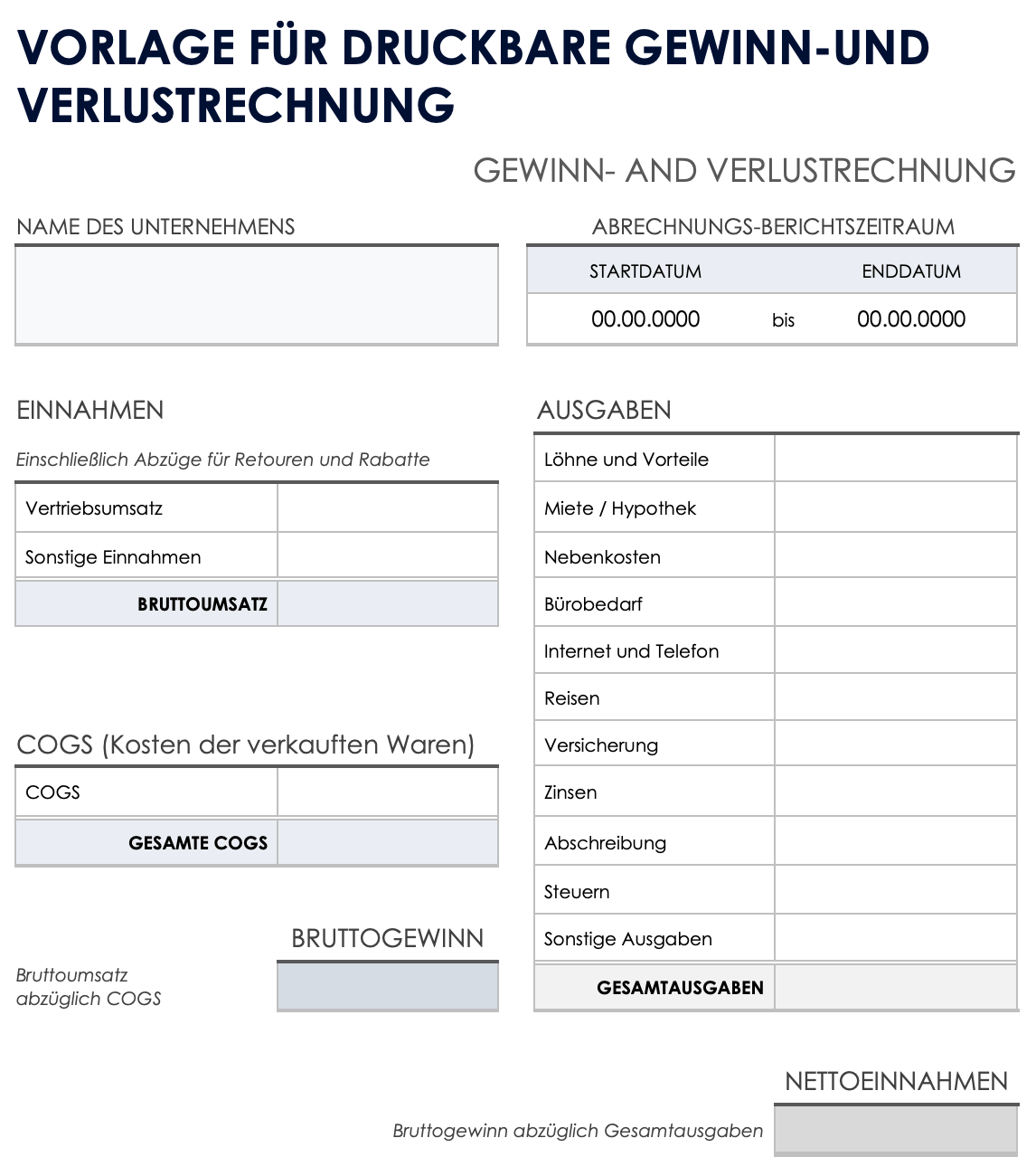 Druckbare Gewinn- und Verlustvorlage