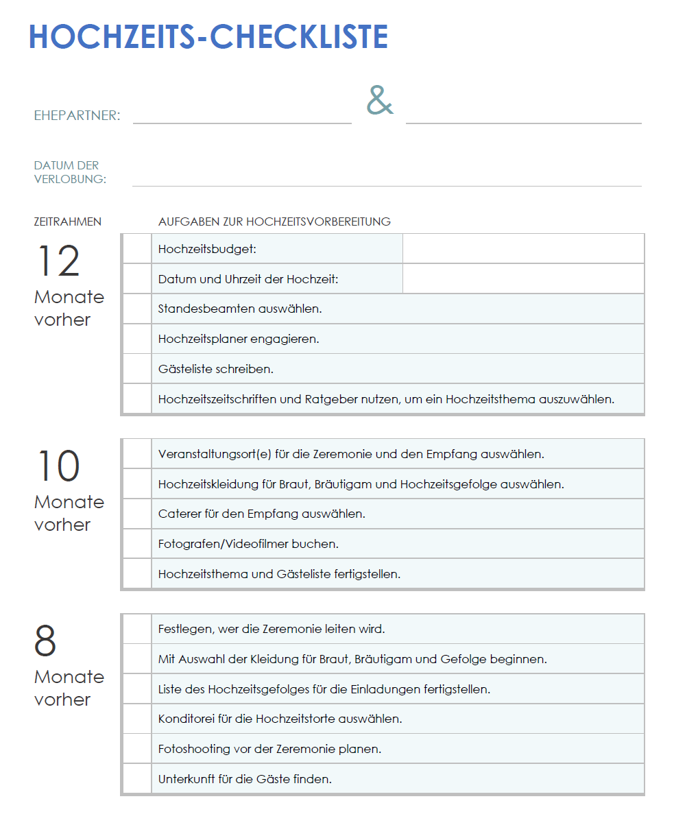  Vorlage für eine Hochzeitscheckliste zum Ausdrucken