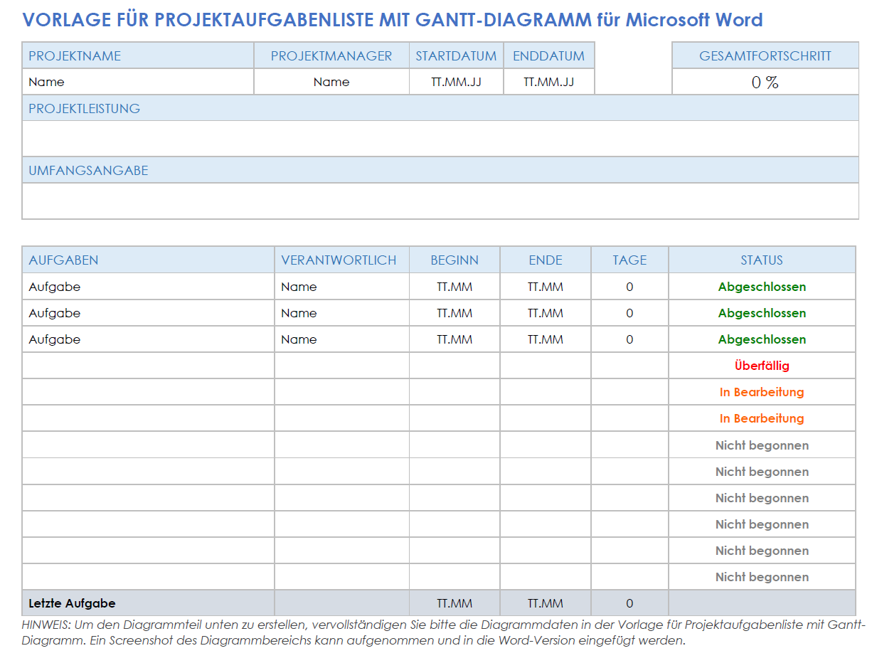  Projektaufgabenliste mit Gantt-Diagrammvorlage