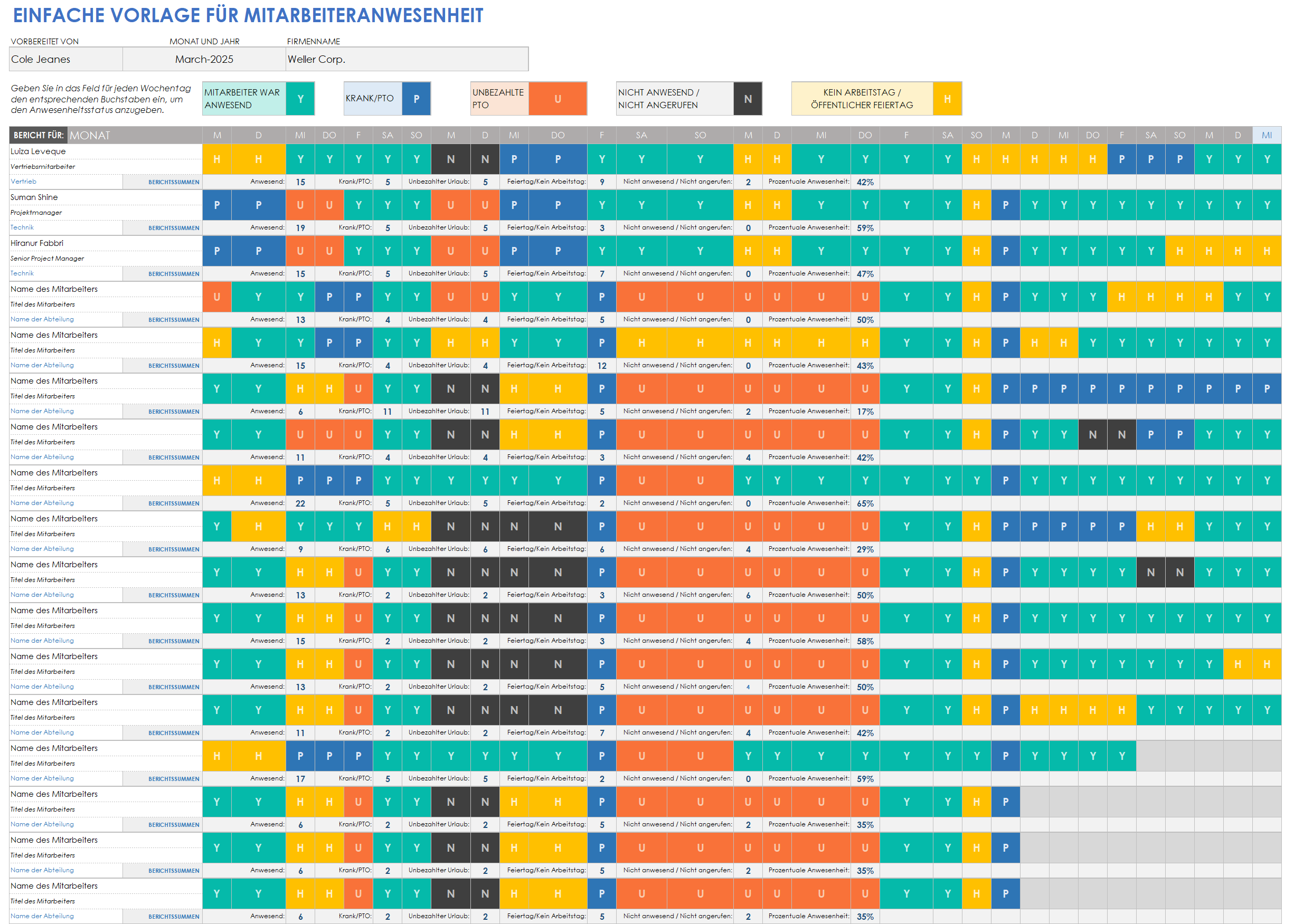  Einfache Mitarbeiteranwesenheitsvorlage