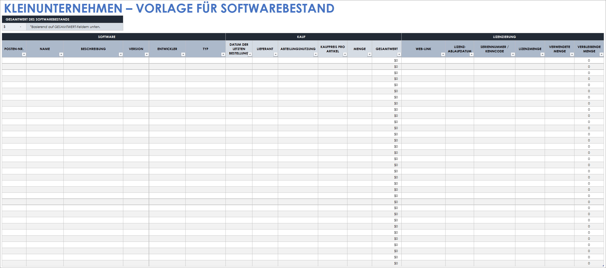  Vorlage für Software-Inventarisierung für kleine Unternehmen