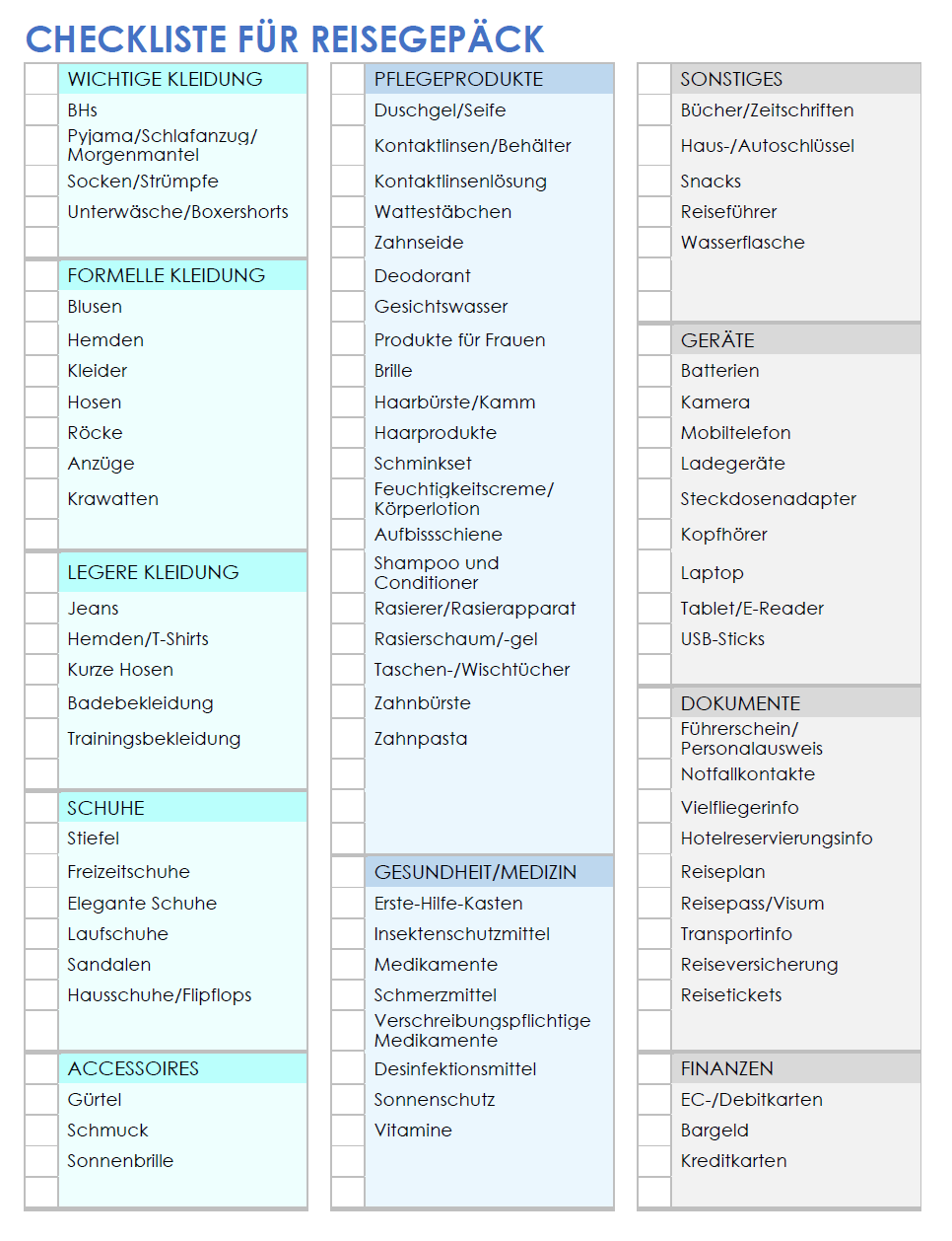  Vorlage für eine Checkliste für die Reiseverpackung