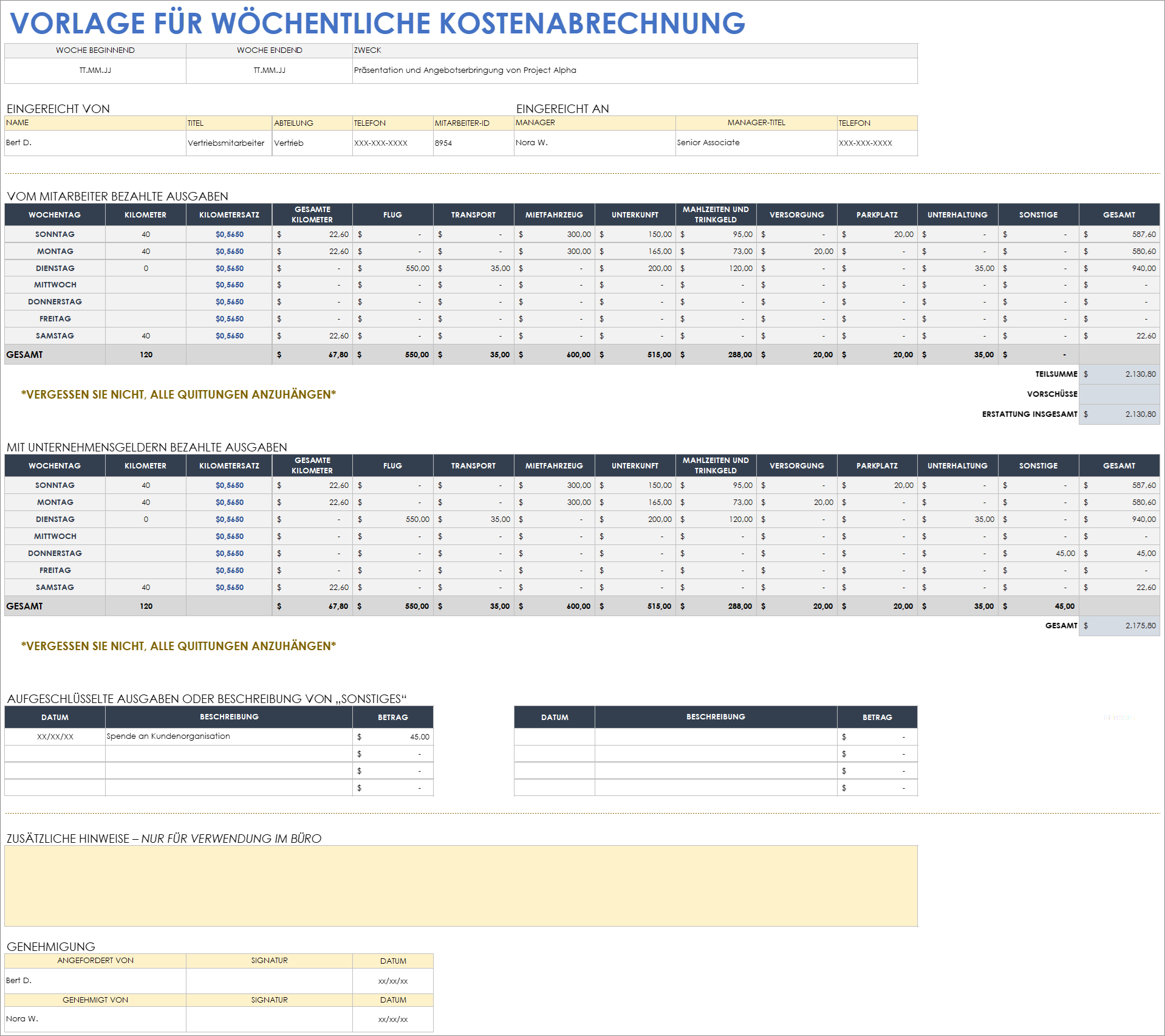  Wöchentliche Spesenabrechnungsvorlage