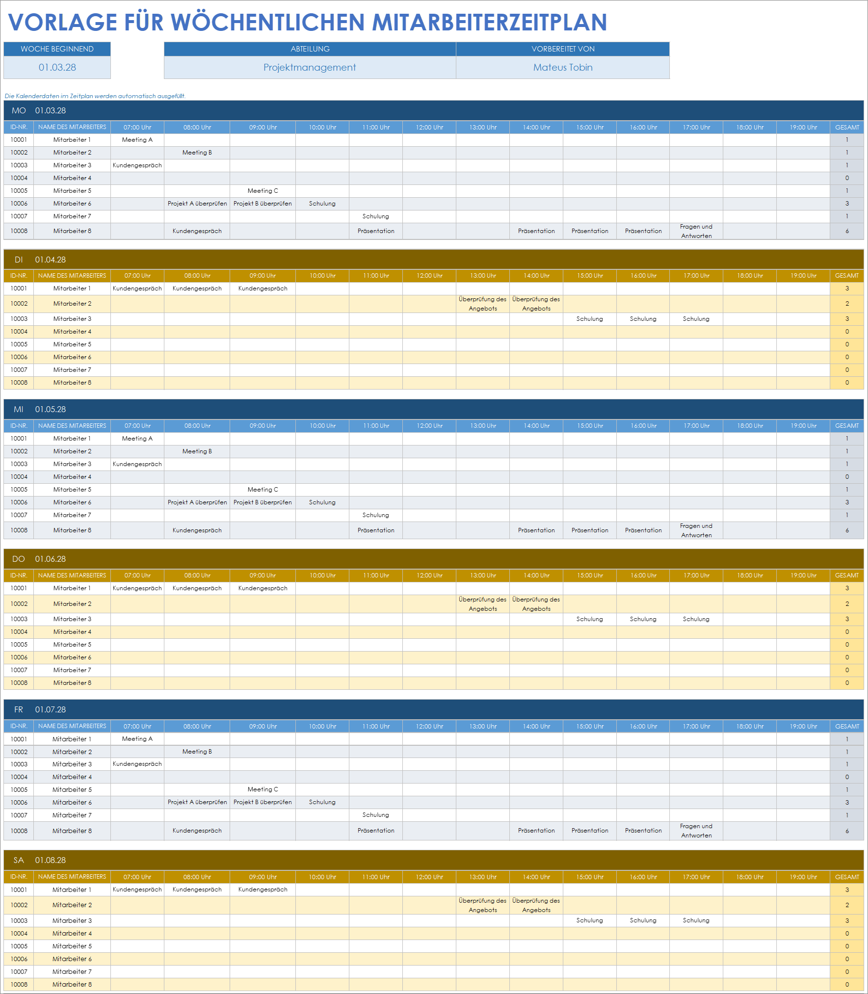  Wöchentliche Google Sheets-Mitarbeiterplanvorlag