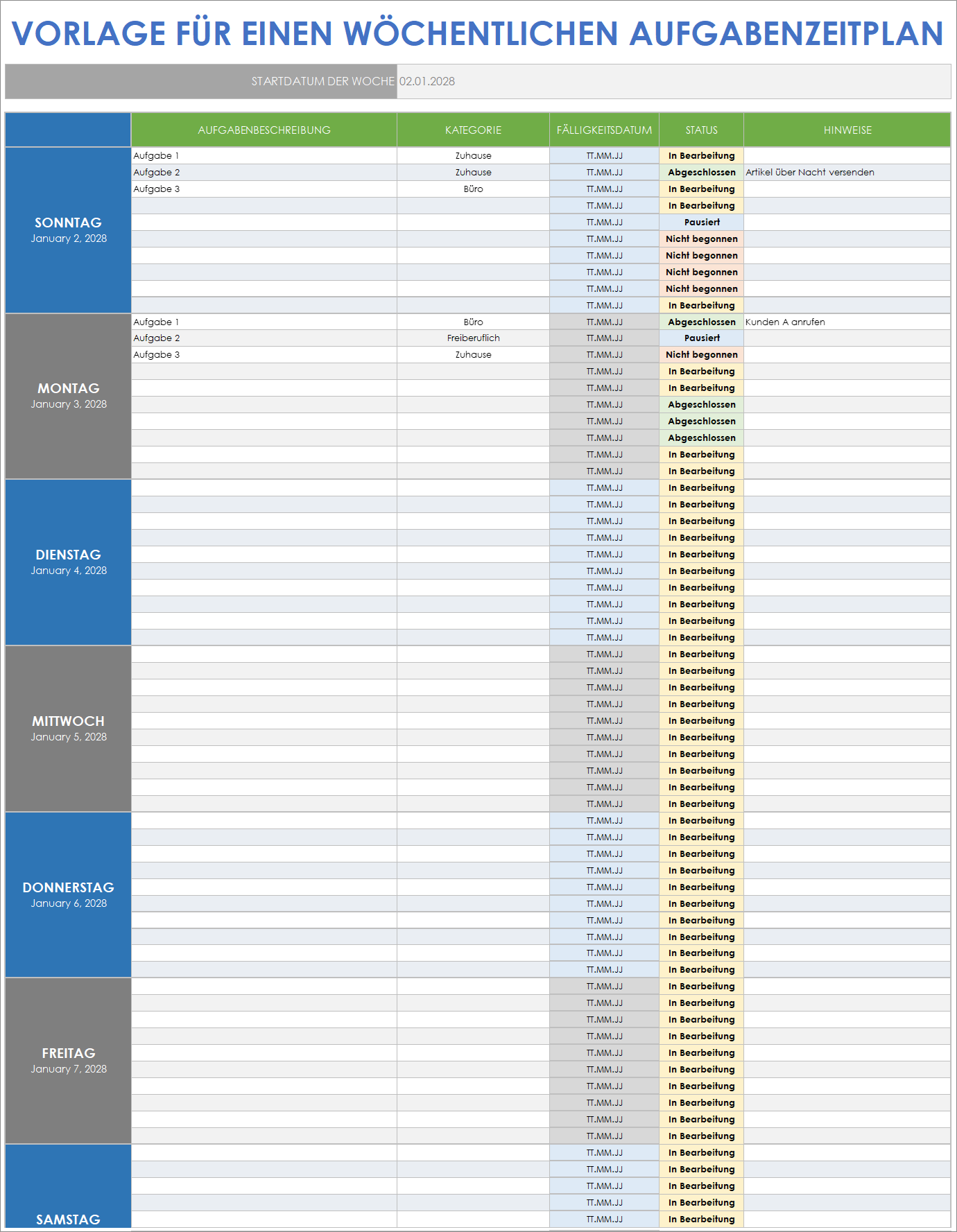  Vorlage für einen wöchentlichen Google Sheets-Aufgabenplan