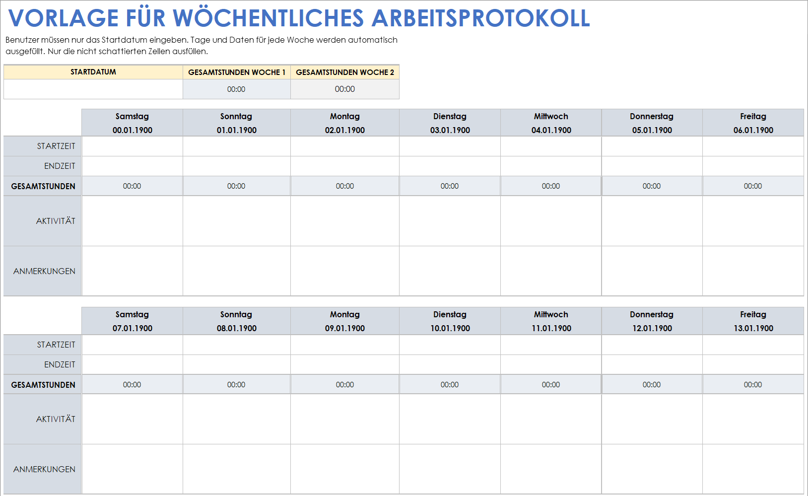  Vorlage für ein wöchentliches Arbeitsprotokoll