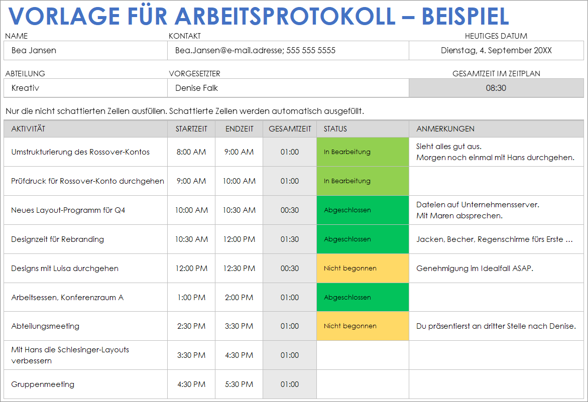  Arbeitsprotokoll-Beispielvorlage