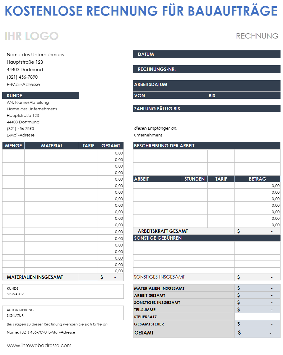  Kostenlose Baurechnungsvorlage