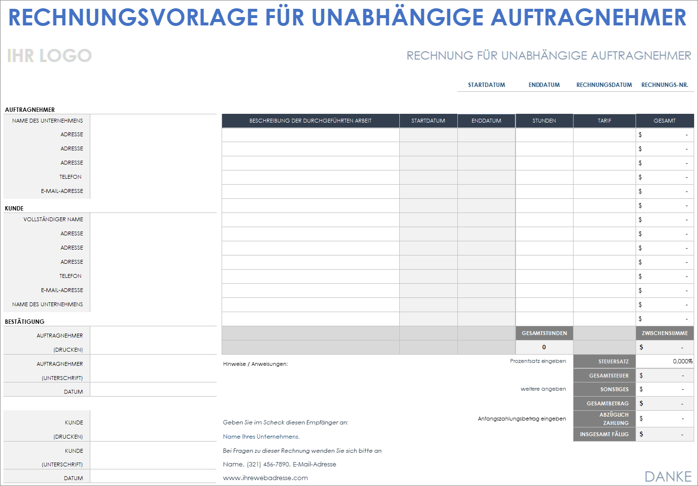  Rechnungsvorlage für unabhängige Auftragnehmer