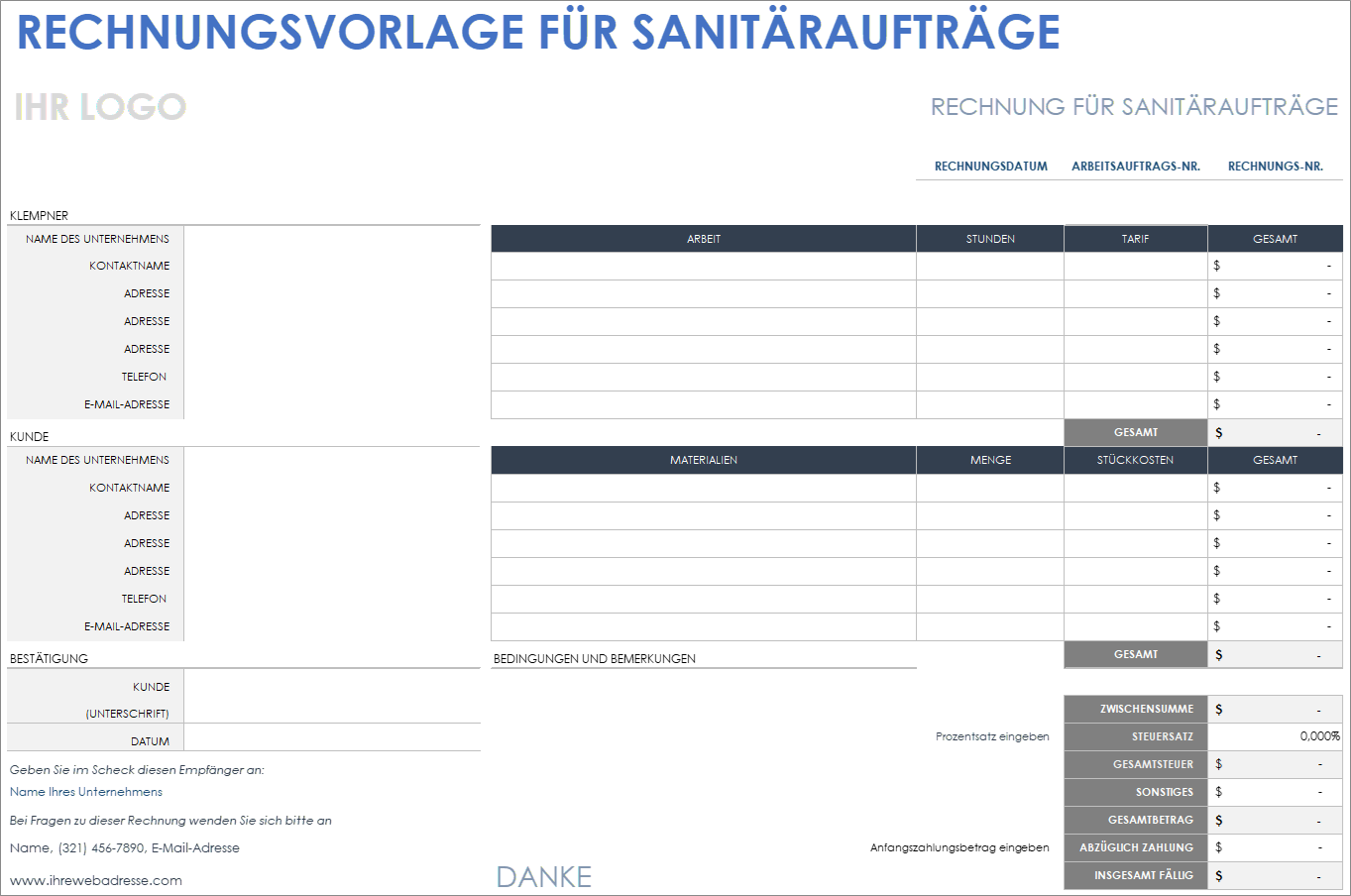  Rechnungsvorlage für Sanitärinstallationen