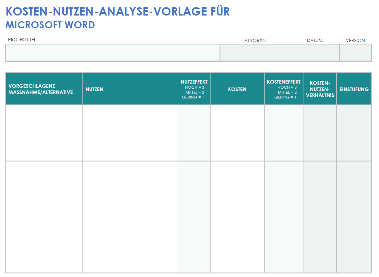 Kosten Nutzen Analysevorlage für Microsoft Word