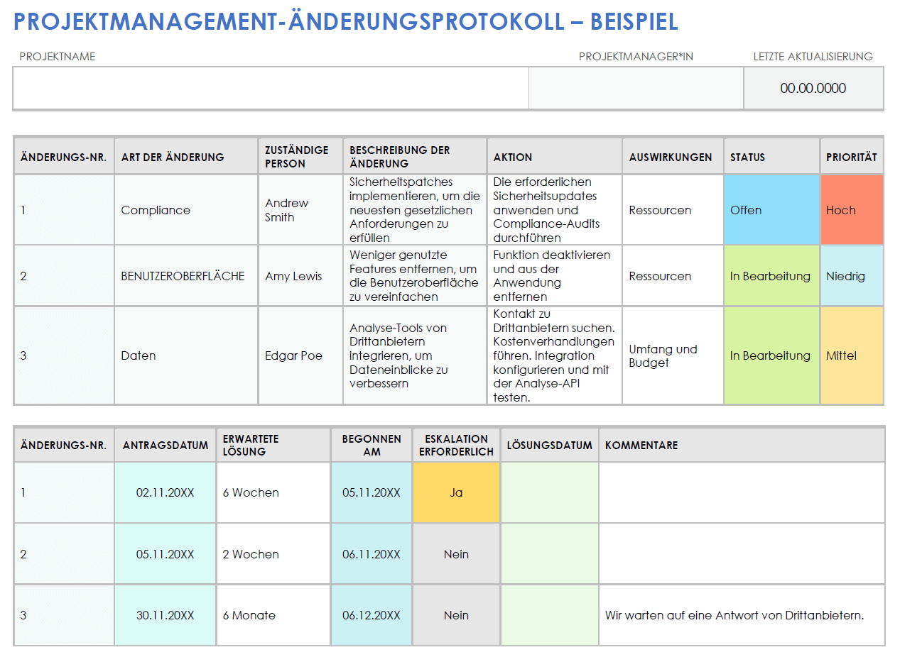  Vorlage für Projektmanagement Änderungsprotokolle