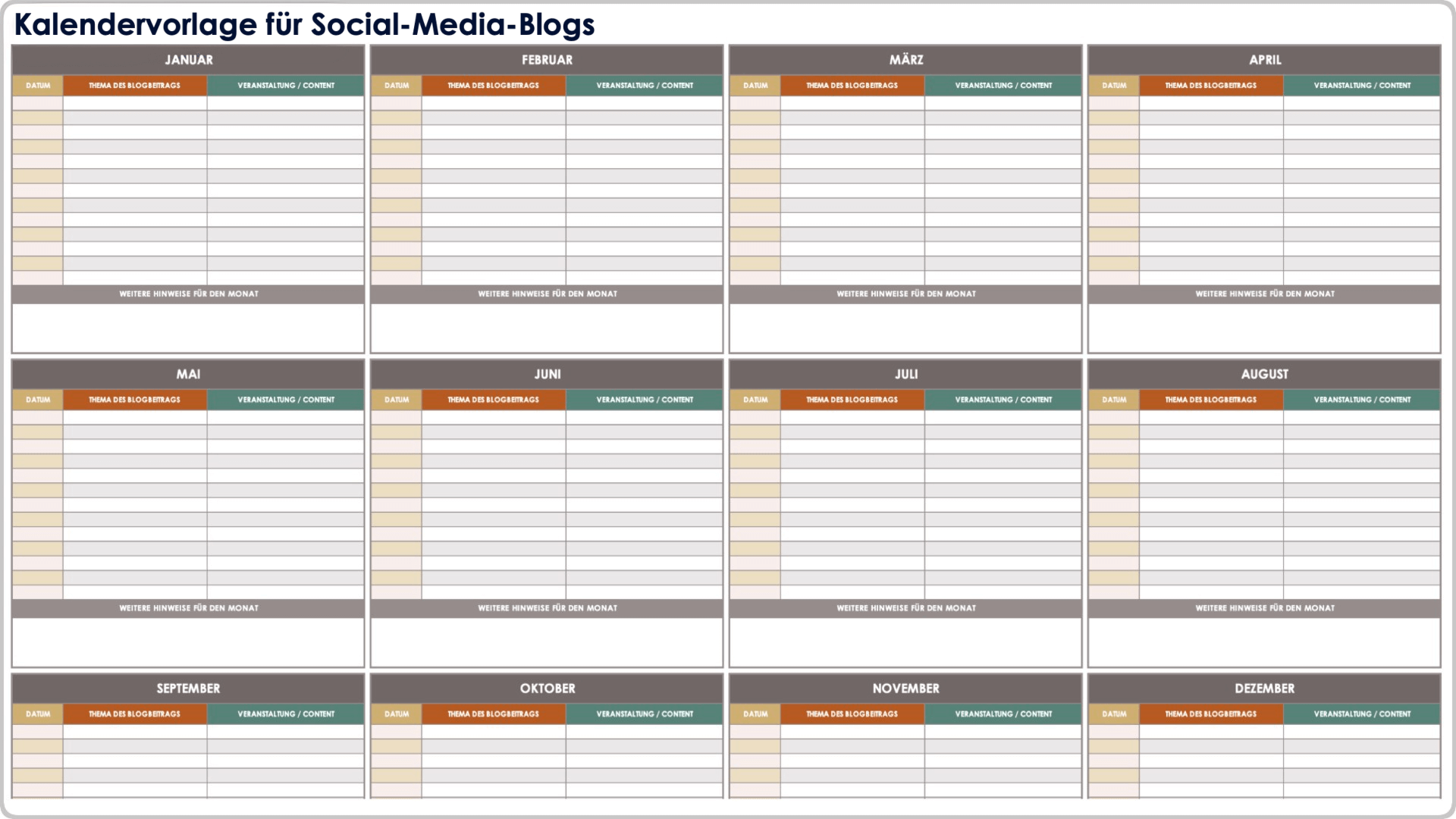 Vorlage für einen Social-Media-Blogging-Kalender