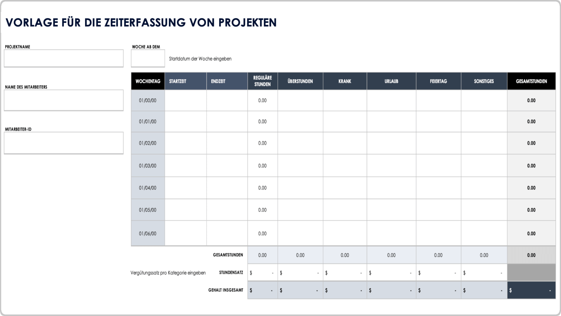 Vorlage für Projektzeiterfassung im Projektmanagement