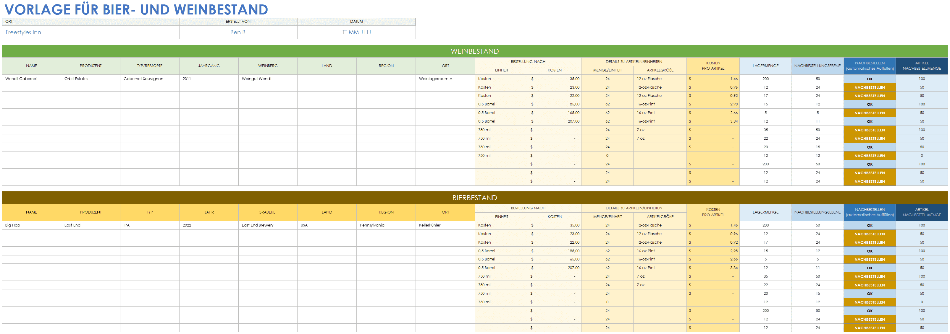  Vorlage für ein Bier  und Weininventar