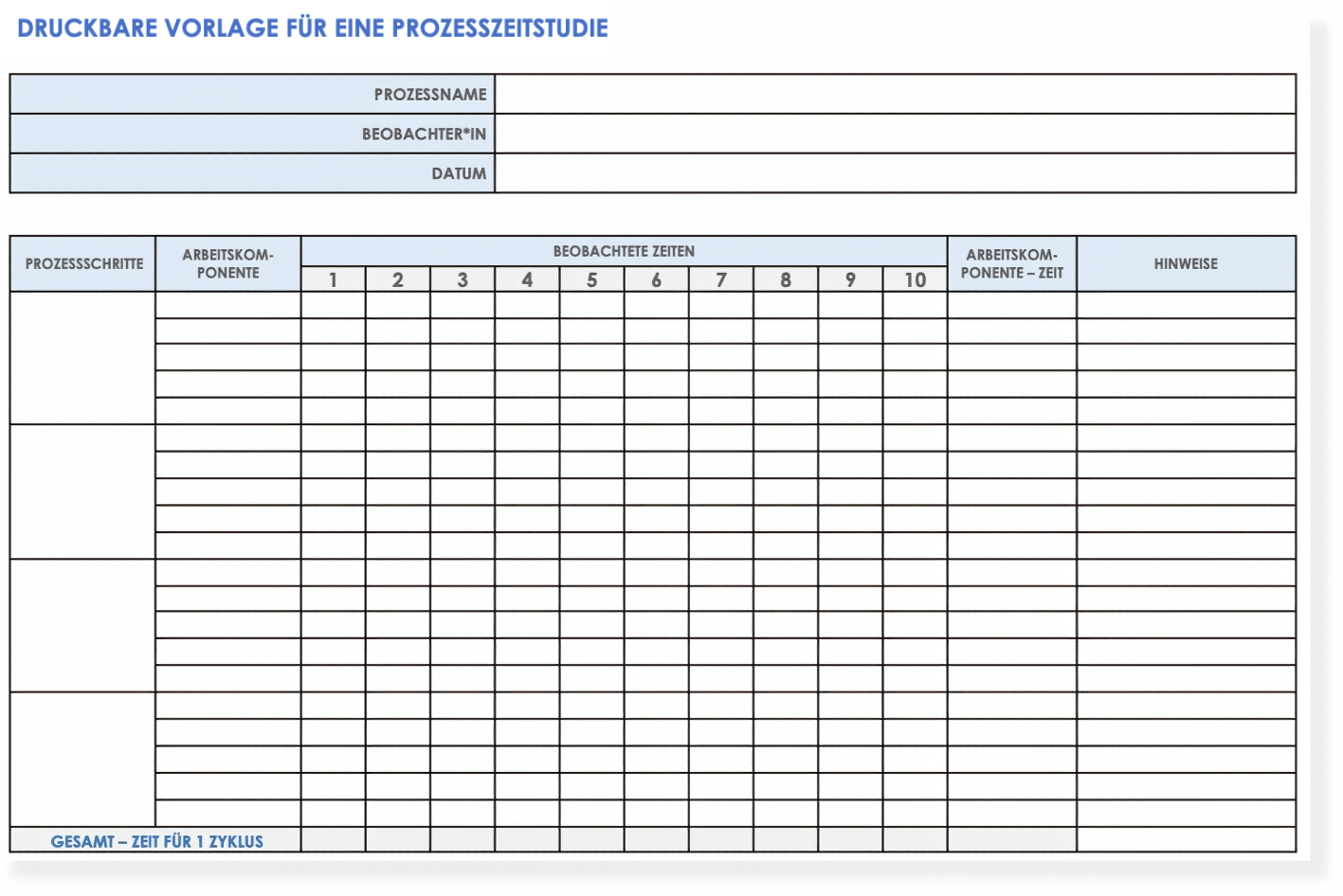  Druckbare Vorlage für Prozesszeitstudien